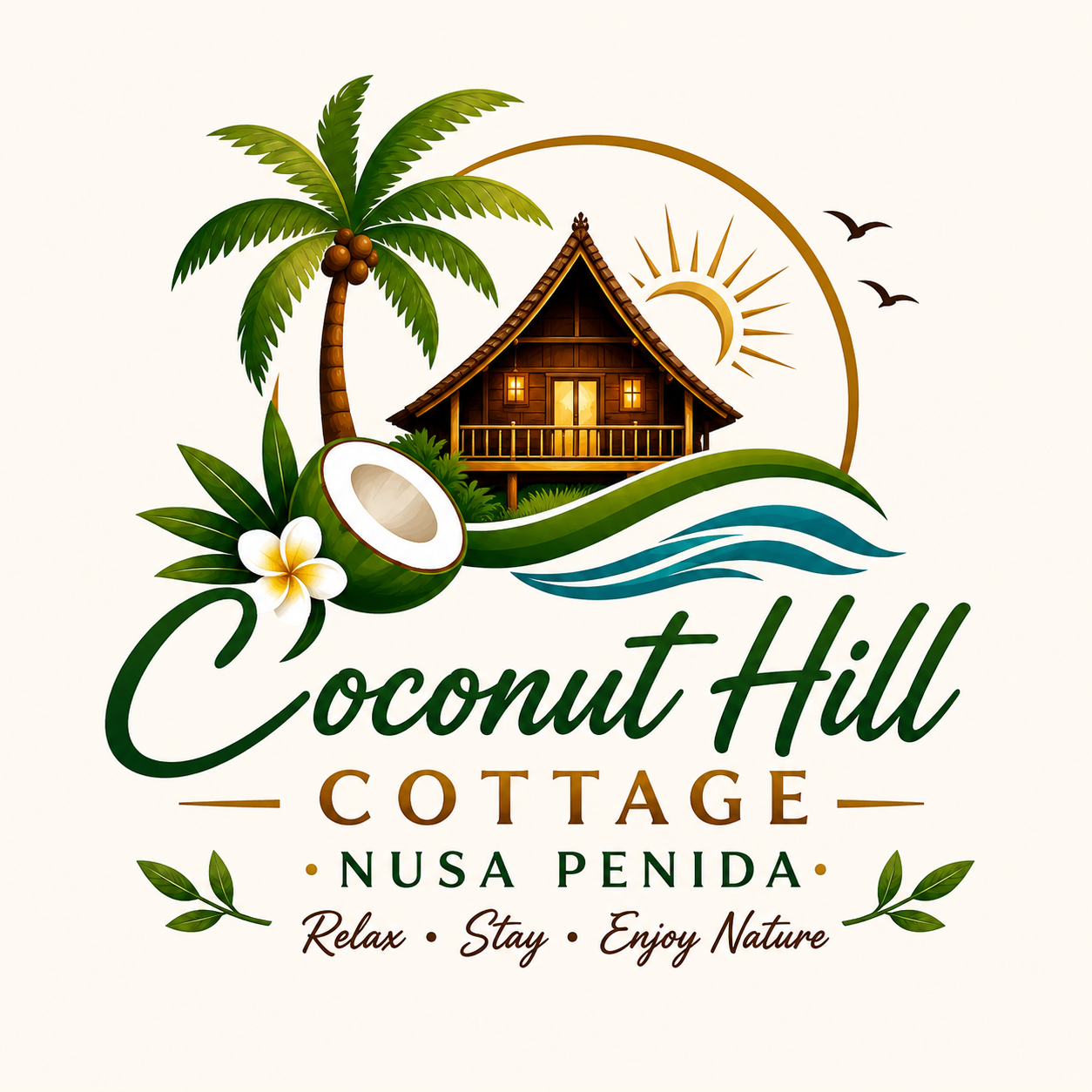Coconut Hill Cottage Nusa Penida logo featuring a tropical cottage, coconut palm tree, ocean waves, and island-inspired design